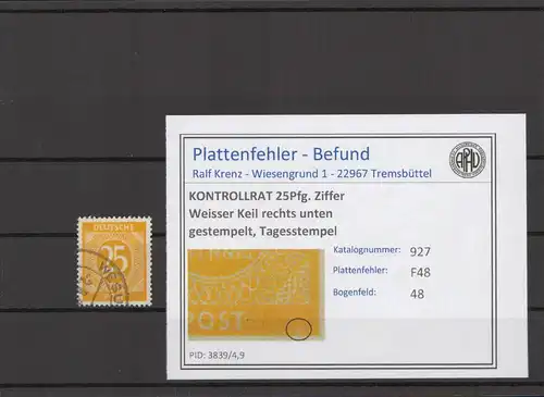 KONTROLLRAT 1947 PLATTENFEHLER Nr 927 F48 gestempelt (214771)