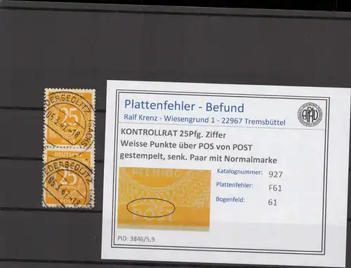 KONTROLLRAT 1947 PLATTENFEHLER Nr 927 F61 gestempelt (214778)