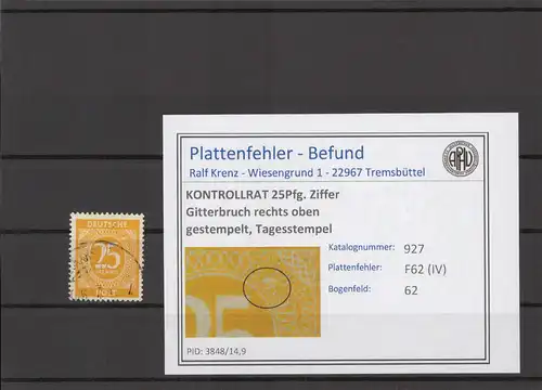 KONTROLLRAT 1947 PLATTENFEHLER Nr 927 IV gestempelt (214779)
