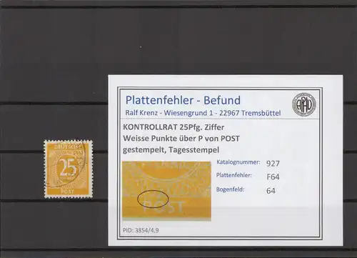 KONTROLLRAT 1947 PLATTENFEHLER Nr 927 F64 gestempelt (214782)