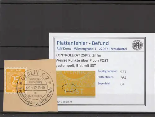 KONTROLLRAT 1947 PLATTENFEHLER Nr 927 F64 gestempelt (214783)
