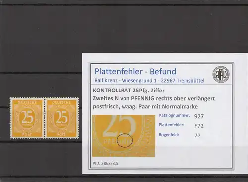 KONTROLLRAT 1947 PLATTENFEHLER Nr 927 F72 postfrisch (214791)