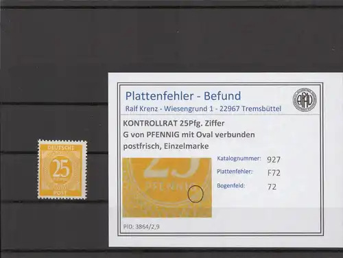 KONTROLLRAT 1947 PLATTENFEHLER Nr 927 F72 postfrisch (214792)