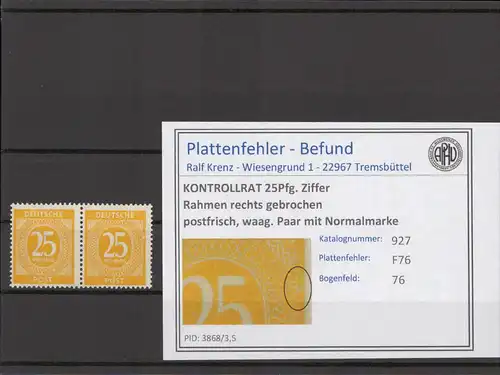 KONTROLLRAT 1947 PLATTENFEHLER Nr 927 F76 postfrisch (214795)