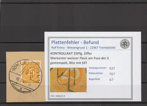 KONTROLLRAT 1947 PLATTENFEHLER Nr 927 F67 gestempelt (214814)