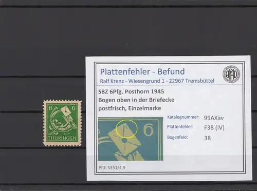 SBZ 1945 PLATTENFEHLER Nr 95AXav IV postfrisch (214824)