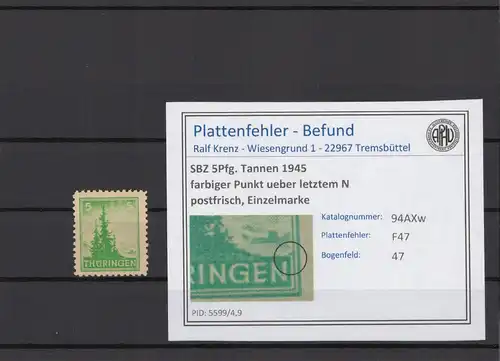 SBZ 1945 PLATTENFEHLER Nr 94AXw F47 postfrisch (214974)