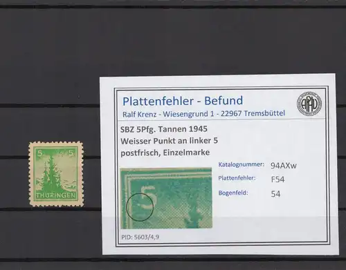SBZ 1945 PLATTENFEHLER Nr 94AXw F54 postfrisch (214978)