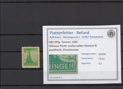 SBZ 1945 PLATTENFEHLER Nr 94AXt F62a postfrisch (214983)
