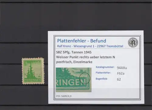 SBZ 1945 PLATTENFEHLER Nr 94AXu F62a postfrisch (214984)