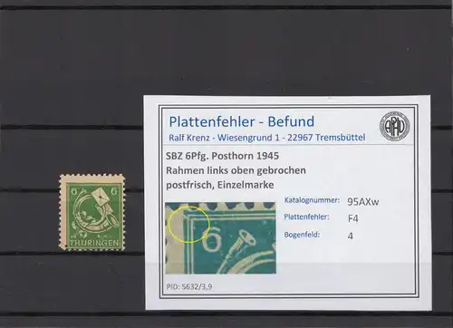 SBZ 1945 PLATTENFEHLER Nr 95AXw F4 postfrisch (215007)