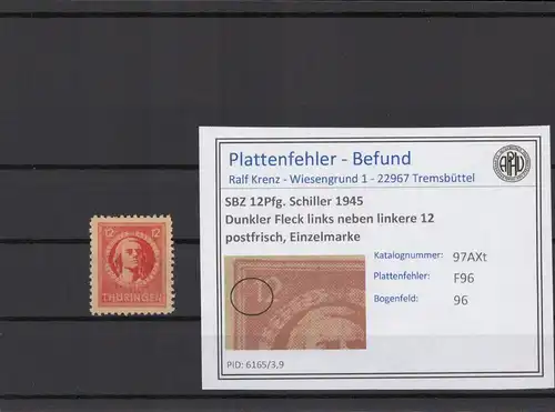 SBZ 1945 PLATTENFEHLER Nr 97AXt F96 postfrisch (215019)