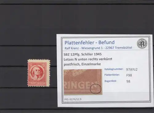 SBZ 1945 PLATTENFEHLER Nr 97AYz2 F98 postfrisch (215024)