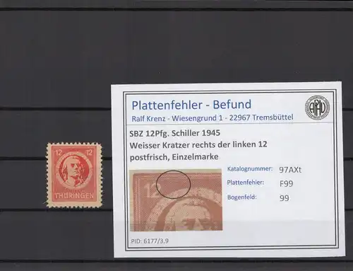 SBZ 1945 PLATTENFEHLER Nr 97AXt F99 postfrisch (215027)