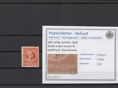 SBZ 1945 PLATTENFEHLER Nr 97AXp1 F100a postfrisch (215030)