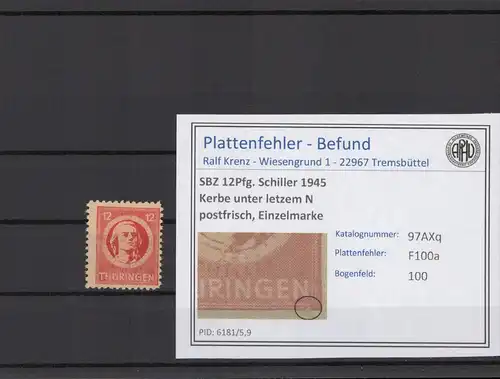 SBZ 1945 PLATTENFEHLER Nr 97AXq F100a postfrisch (215031)