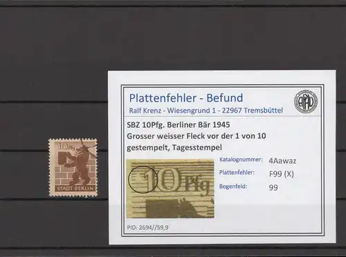 SBZ 1945 PLATTENFEHLER Nr 4Awaz X gestempelt (215049)