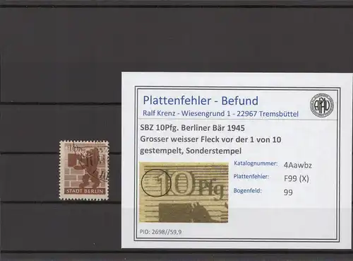 SBZ 1945 PLATTENFEHLER Nr 4Awbz X gestempelt (215050)