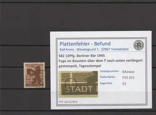 SBZ 1945 PLATTENFEHLER Nr 4Awaz XI gestempelt (215052)