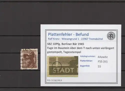 SBZ 1945 PLATTENFEHLER Nr 4Awbz XI gestempelt (215053)