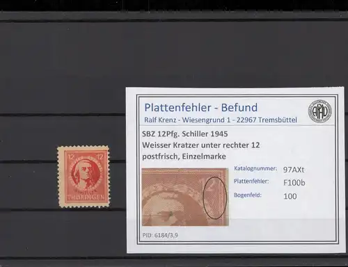 SBZ 1945 PLATTENFEHLER Nr 97AXt F100b postfrisch (215321)