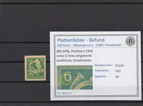 SBZ 1945 PLATTENFEHLER Nr 95AXt F80 postfrisch (215342)