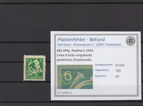 SBZ 1945 PLATTENFEHLER Nr 95AXx F80 postfrisch (215344)