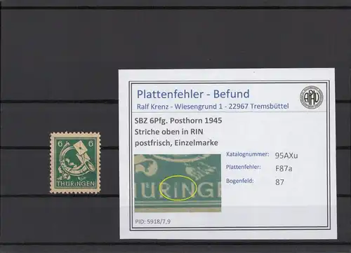 SBZ 1945 PLATTENFEHLER Nr 95AXu F87a postfrisch (215364)