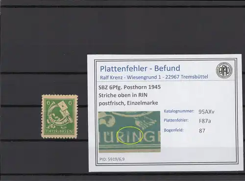 SBZ 1945 PLATTENFEHLER Nr 95AXv F87a postfrisch (215365)