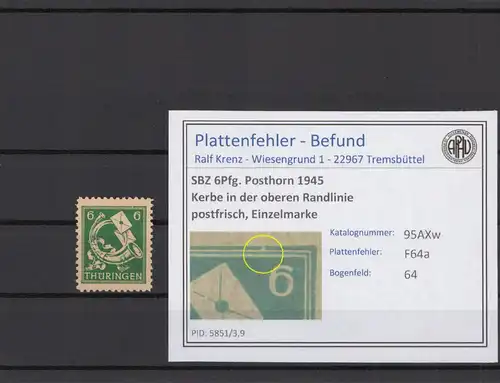 SBZ 1945 PLATTENFEHLER Nr 95AXw F64a postfrisch (215387)