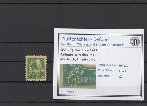 SBZ 1945 PLATTENFEHLER Nr 95AXv F67a postfrisch (215409)