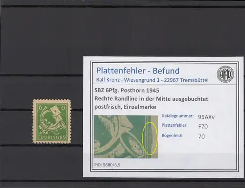 SBZ 1945 PLATTENFEHLER Nr 95AXv F70 postfrisch (215416)