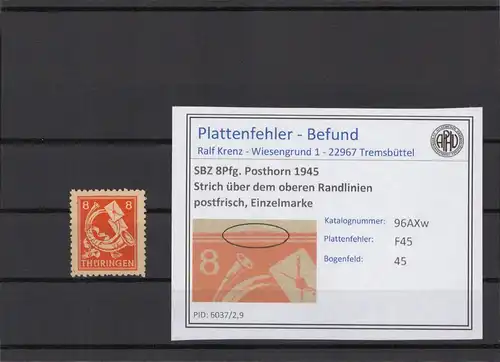 SBZ 1945 PLATTENFEHLER Nr 96AXw F45 postfrisch (215422)