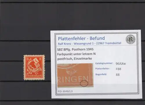 SBZ 1945 PLATTENFEHLER Nr 96AXw F88 postfrisch (215434)