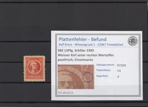 SBZ 1945 PLATTENFEHLER Nr 97AXt F4 postfrisch (215439)