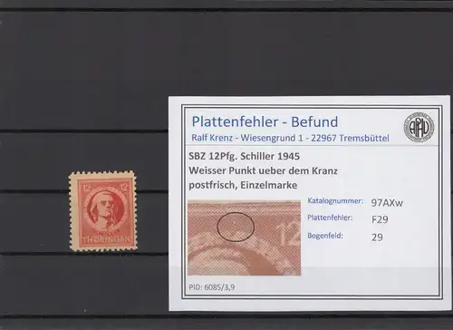 SBZ 1945 PLATTENFEHLER Nr 97AXw F29 postfrisch (215470)
