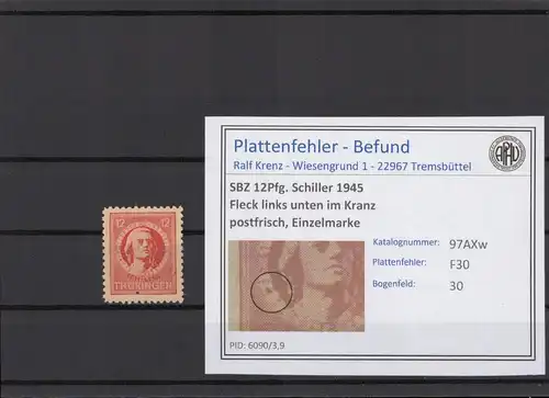 SBZ 1945 PLATTENFEHLER Nr 97AXw F30 postfrisch (215475)