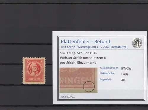SBZ 1945 PLATTENFEHLER Nr 97AXq F48a postfrisch (215477)
