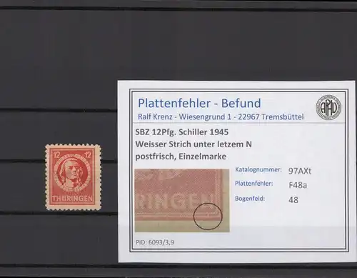 SBZ 1945 PLATTENFEHLER Nr 97AXt F48a postfrisch (215478)