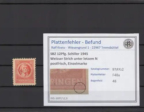 SBZ 1945 PLATTENFEHLER Nr 97AYz2 F48a postfrisch (215482)