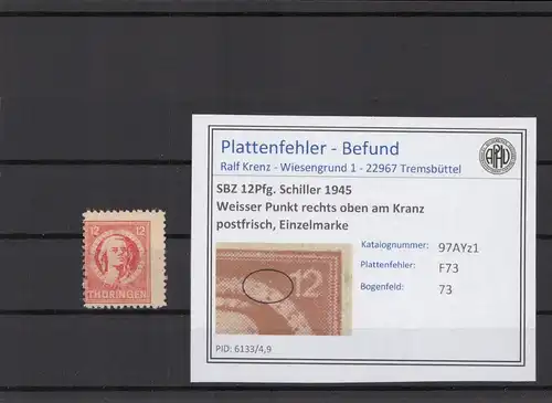 SBZ 1945 PLATTENFEHLER Nr 97AYz1 F73 postfrisch (215517)