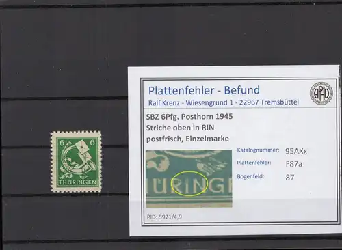 SBZ 1945 PLATTENFEHLER Nr 95AXx F87a postfrisch (215532)