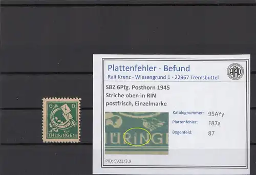 SBZ 1945 PLATTENFEHLER Nr 95AYy F87a postfrisch (215533)