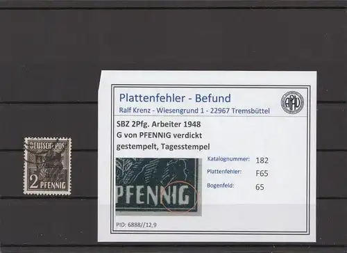 SBZ 1945 PLATTENFEHLER Nr 182 F65 gestempelt (215811)