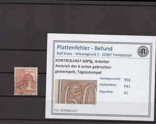KONTROLLRAT 1947 PLATTENFEHLER Nr 956 F41 gestempelt (215814)