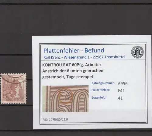 KONTROLLRAT 1947 PLATTENFEHLER Nr A956 F41 gestempelt (215825)