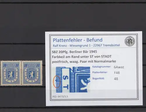 SBZ 1945 PLATTENFEHLER Nr 6Awaz F48 postfrisch (215856)