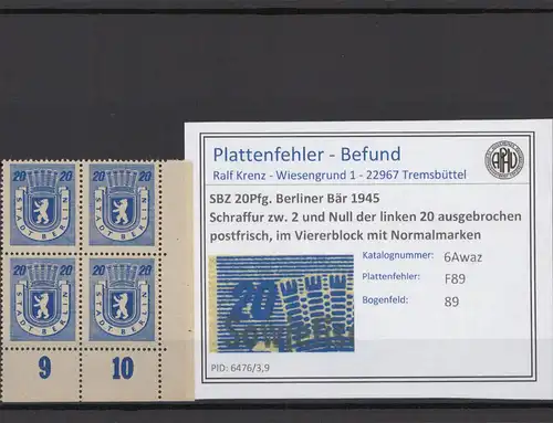 SBZ 1945 PLATTENFEHLER Nr 6Awaz F89 postfrisch (215859)