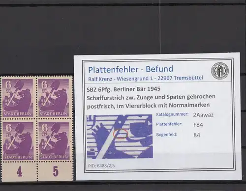 SBZ 1945 PLATTENFEHLER Nr 2Awaz F84 postfrisch (215865)