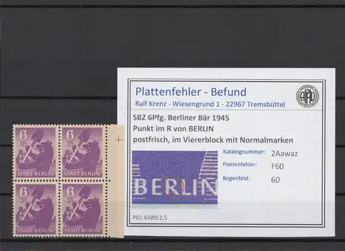 SBZ 1945 PLATTENFEHLER Nr 2Awaz F60 postfrisch (215866)